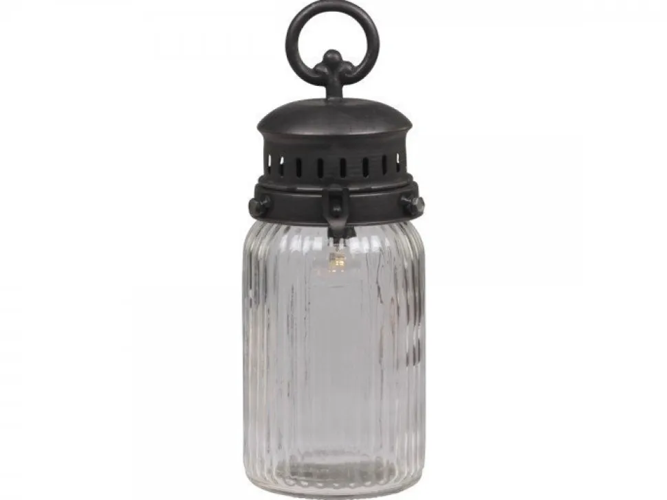 Chic Antique Französische Stalllaterne inkl. Glühbirne und Timer mit gerilltem Glas