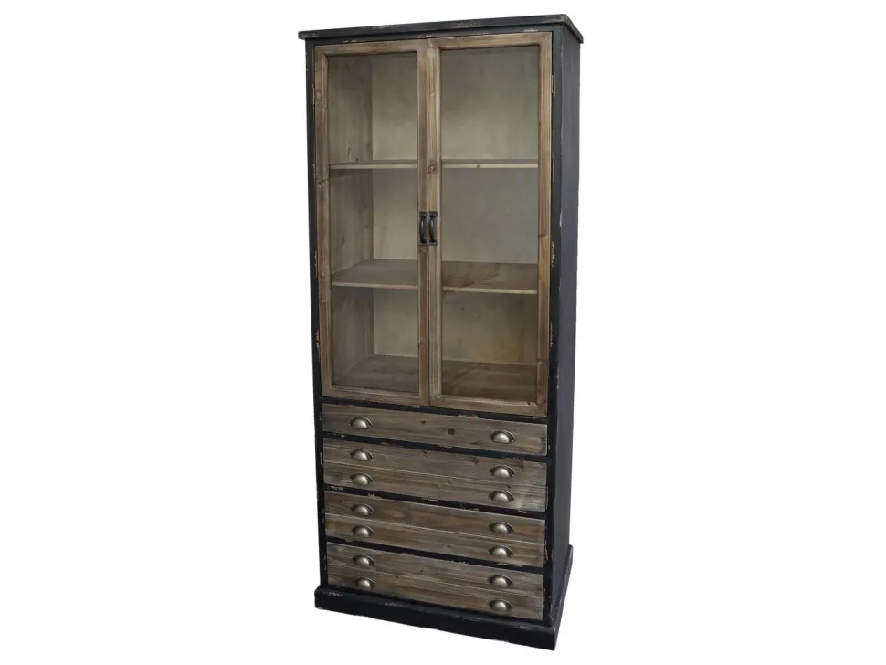 Chic Antique Vitrinenschrank mit Glastüren und 4 länglichen Schubladen