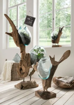 Faktorei Deko-Wurzel mit Glasvase in Tropfenform Teak-Holz