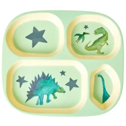 RICE Melamin Kinderteller mit 4er Einteilung Dinosaurs Print