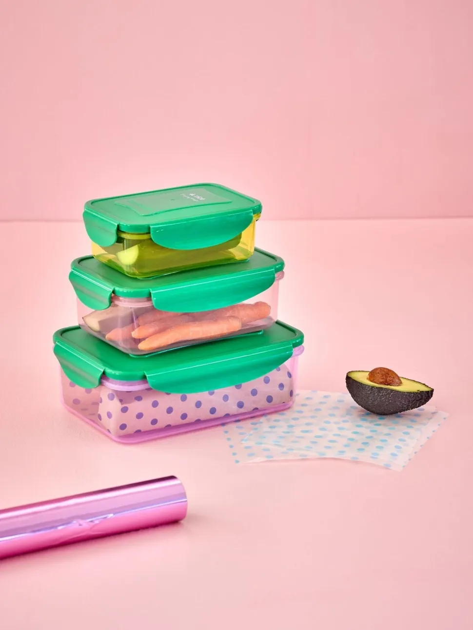 RICE Rechteckige Plastik Lebensmittelboxen - Mehrfarbig - 3er Set