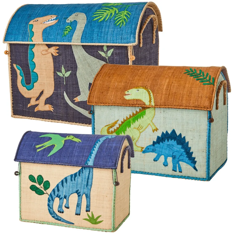 RICE Spielzeug Korb 3er-Set aus Bast mit Dinosauriern
